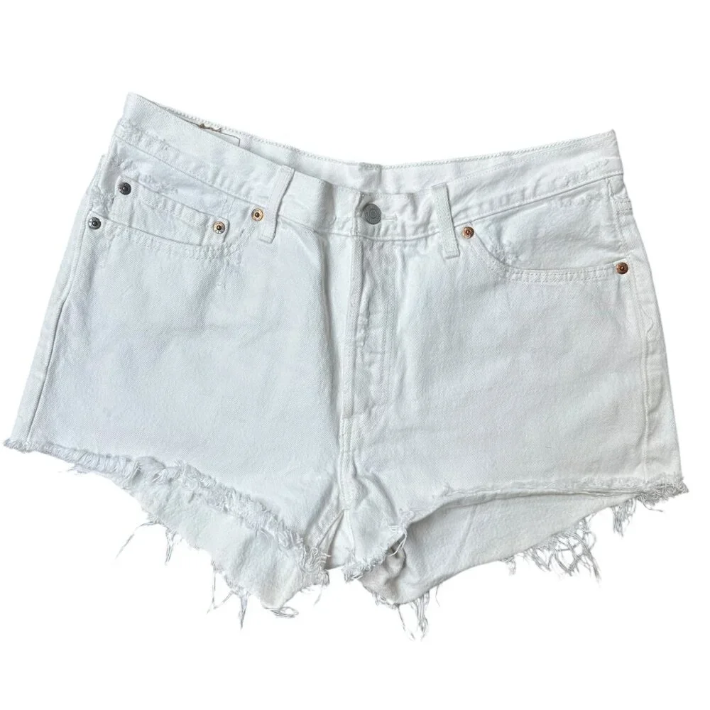 Levis 501 Shorts Cutoff White Denim Mid-Rise Frayed Hem Retro‎ Y2K W32